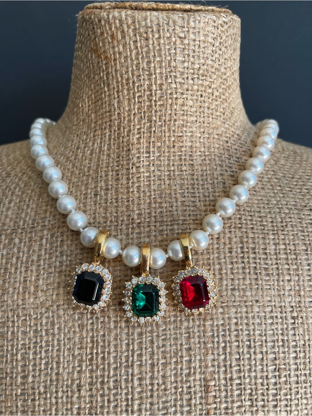 3 Roman emerald Green & Ruby Red ,black rhinestone pendant .